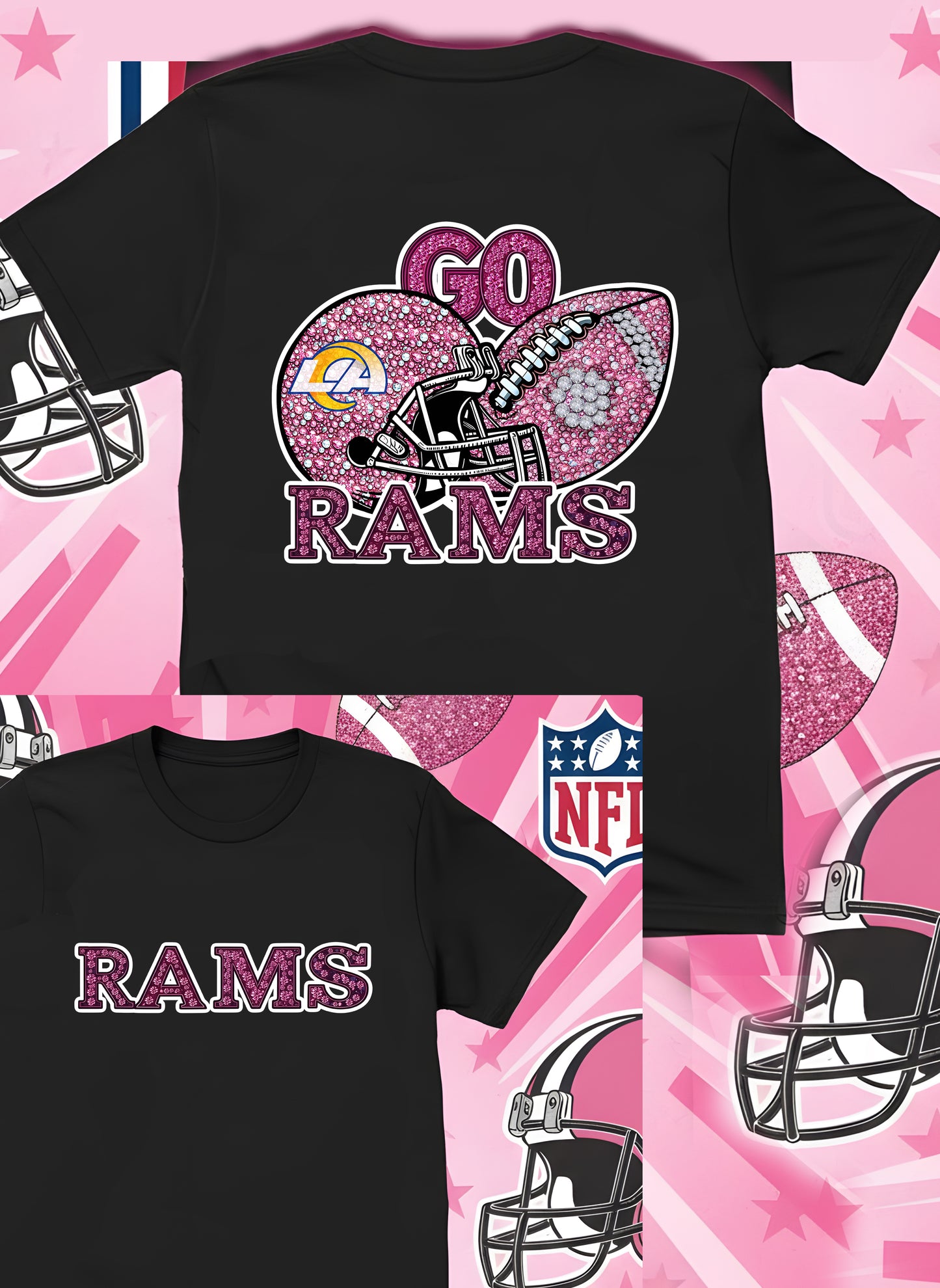 DTF Transfer • LA Rams Football • Pink Out Rhinestones (GO) + Helmet & Football
