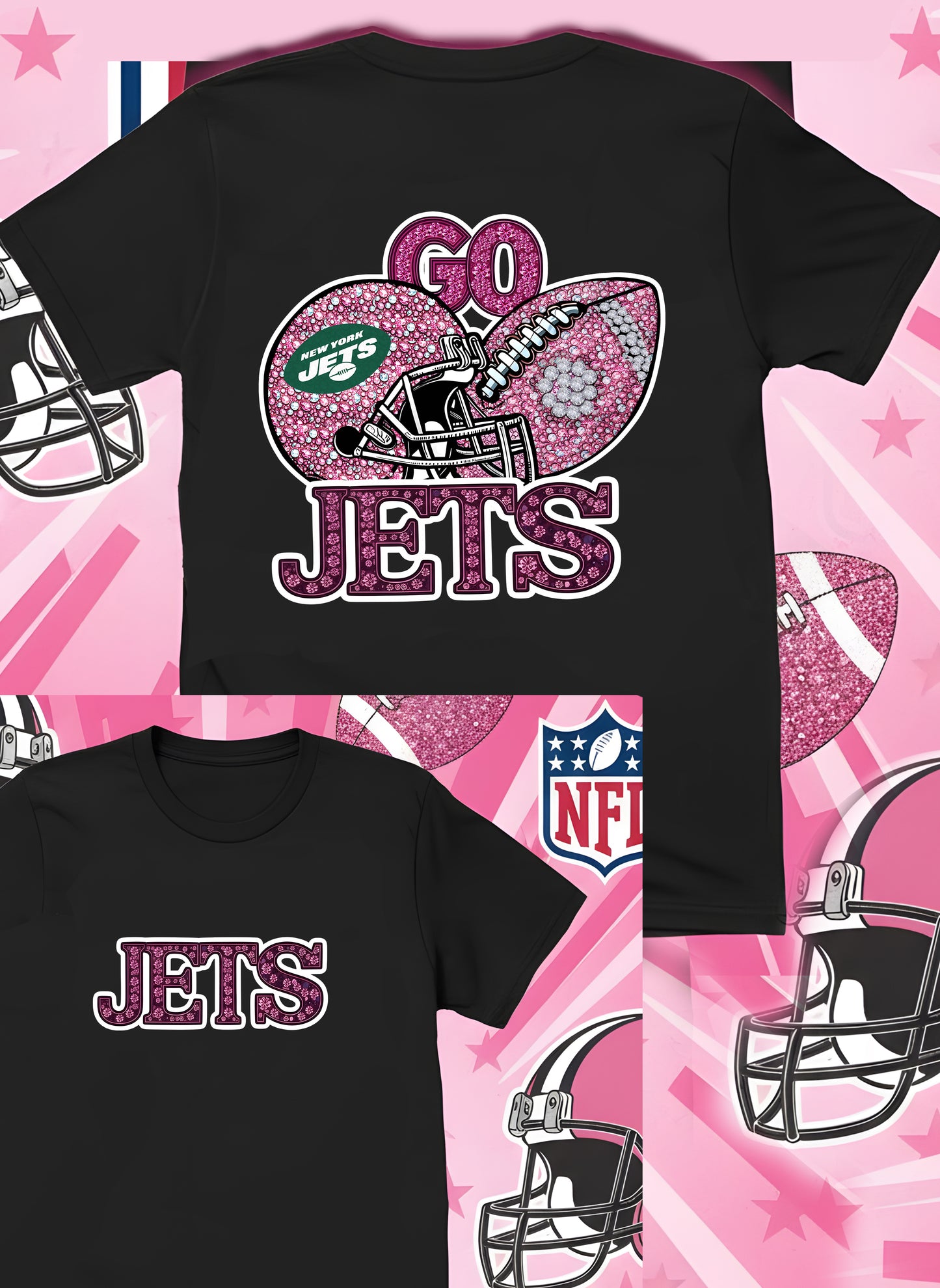DTF Transfer • Jets Football • Pink Out Rhinestones (GO) + Helmet & Football