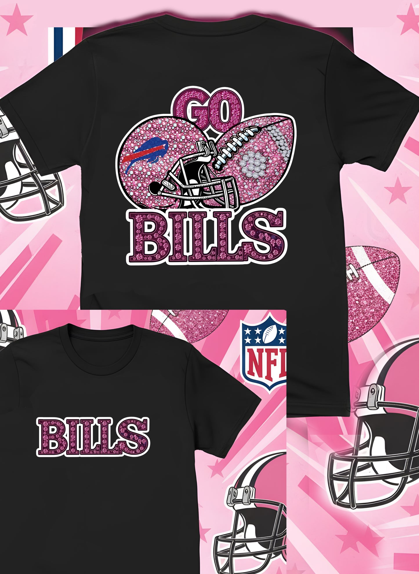 DTF Transfer • Buffalo Football • Pink Out Rhinestones (GO) + Helmet & Football