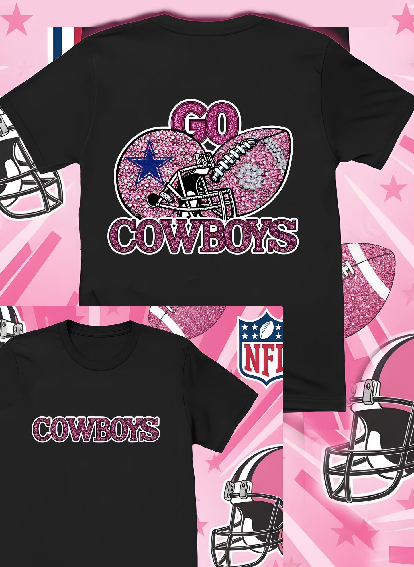 DTF Transfer • Dallas Football • Pink Out Rhinestones (GO) + Helmet & Football