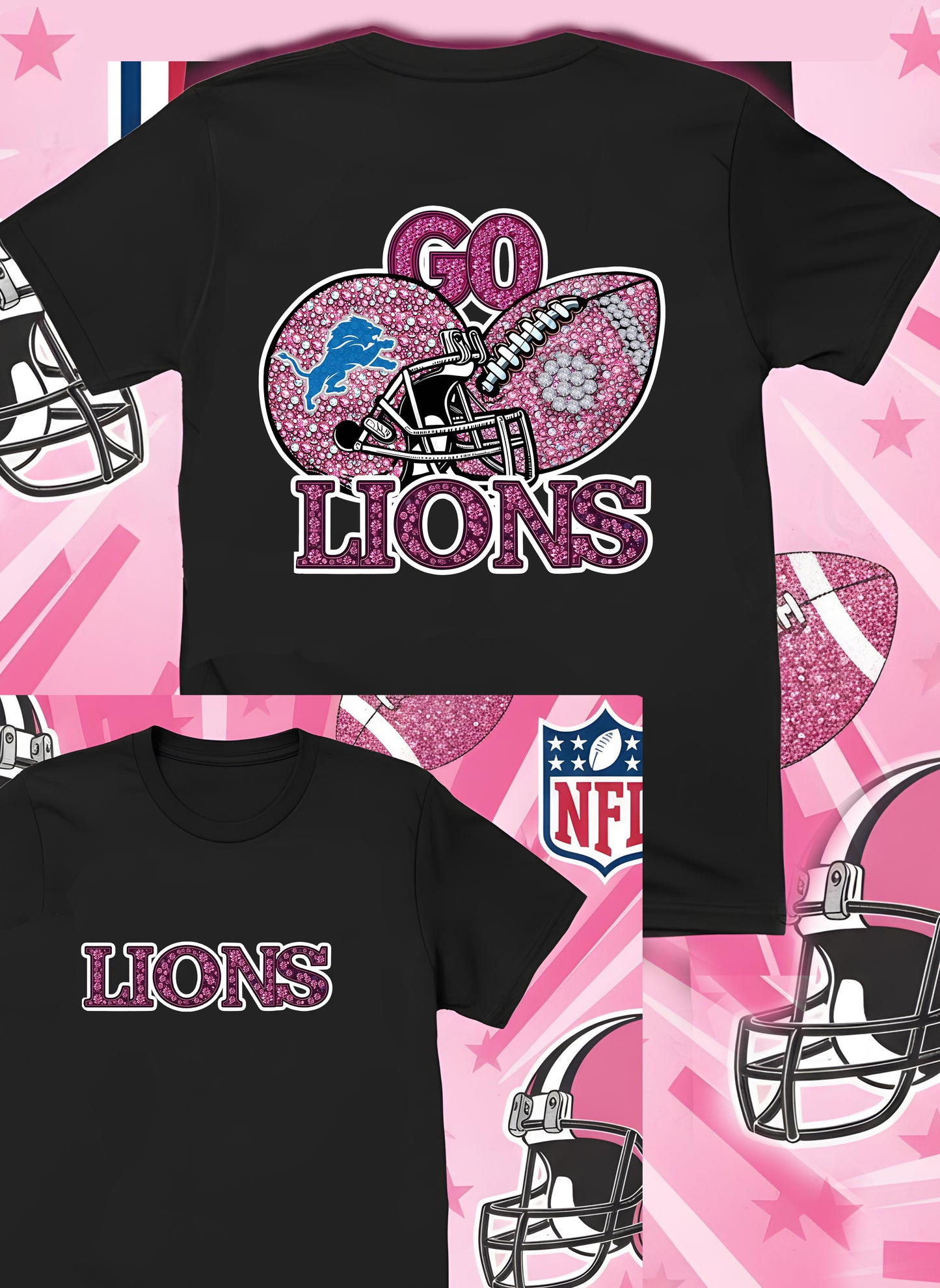 DTF Transfer • Detroit Football • Pink Out Rhinestones (GO) + Helmet & Football