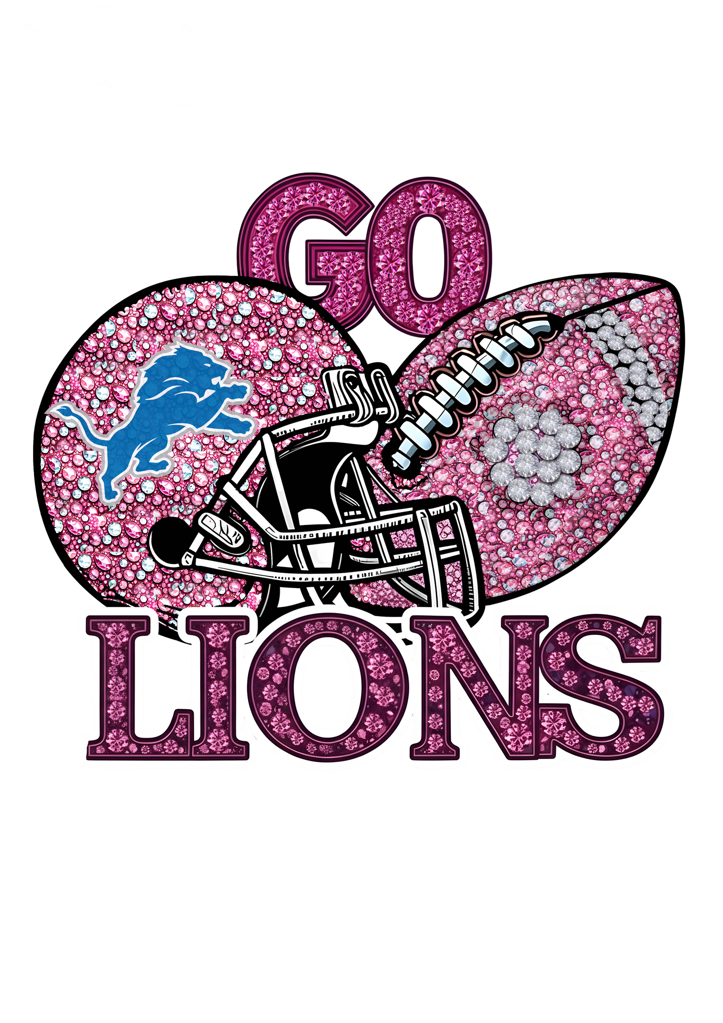 DTF Transfer • Detroit Football • Pink Out Rhinestones (GO) + Helmet & Football
