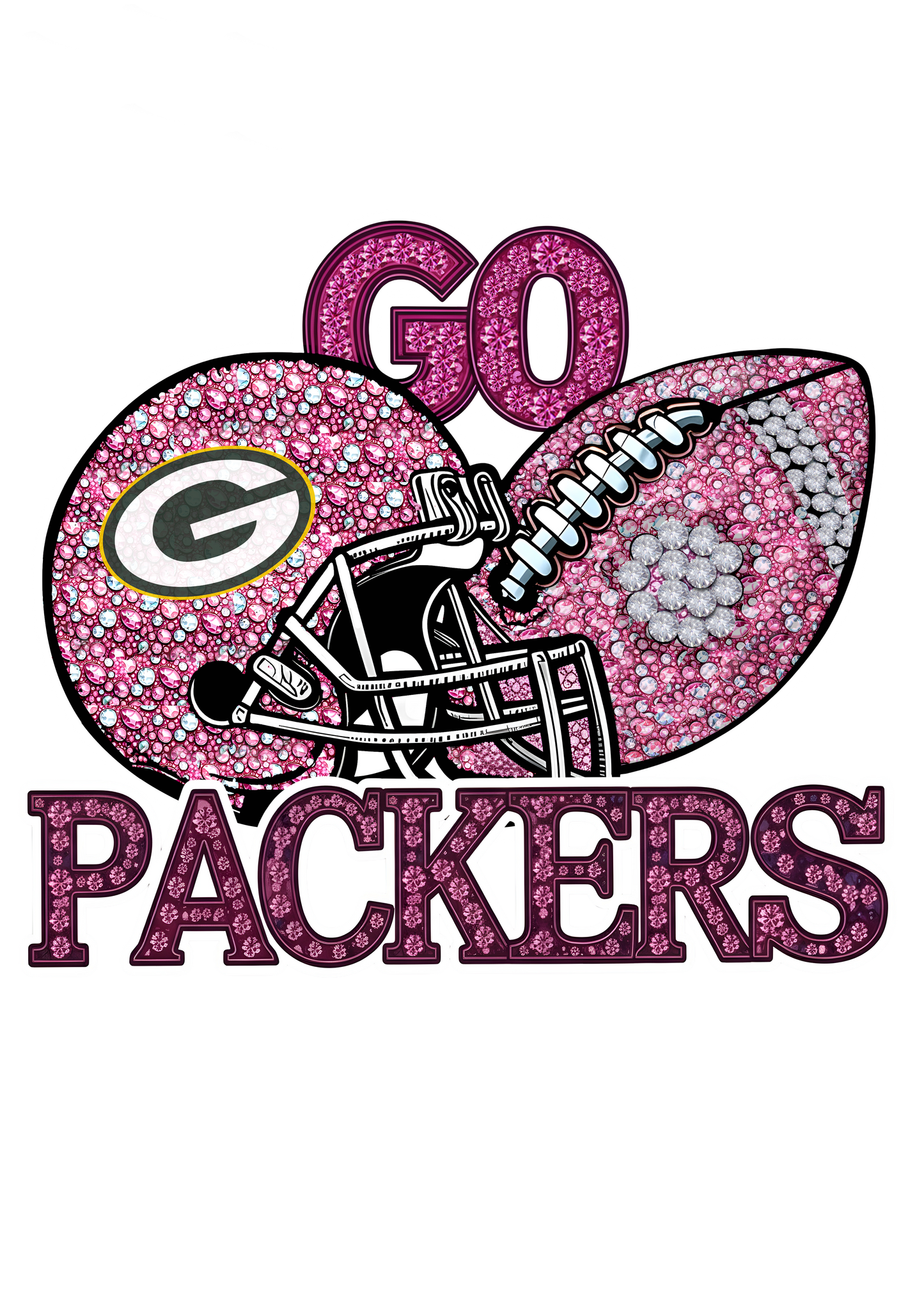 DTF Transfer • Green Bay Football • Pink Out Rhinestones (GO) + Helmet & Football