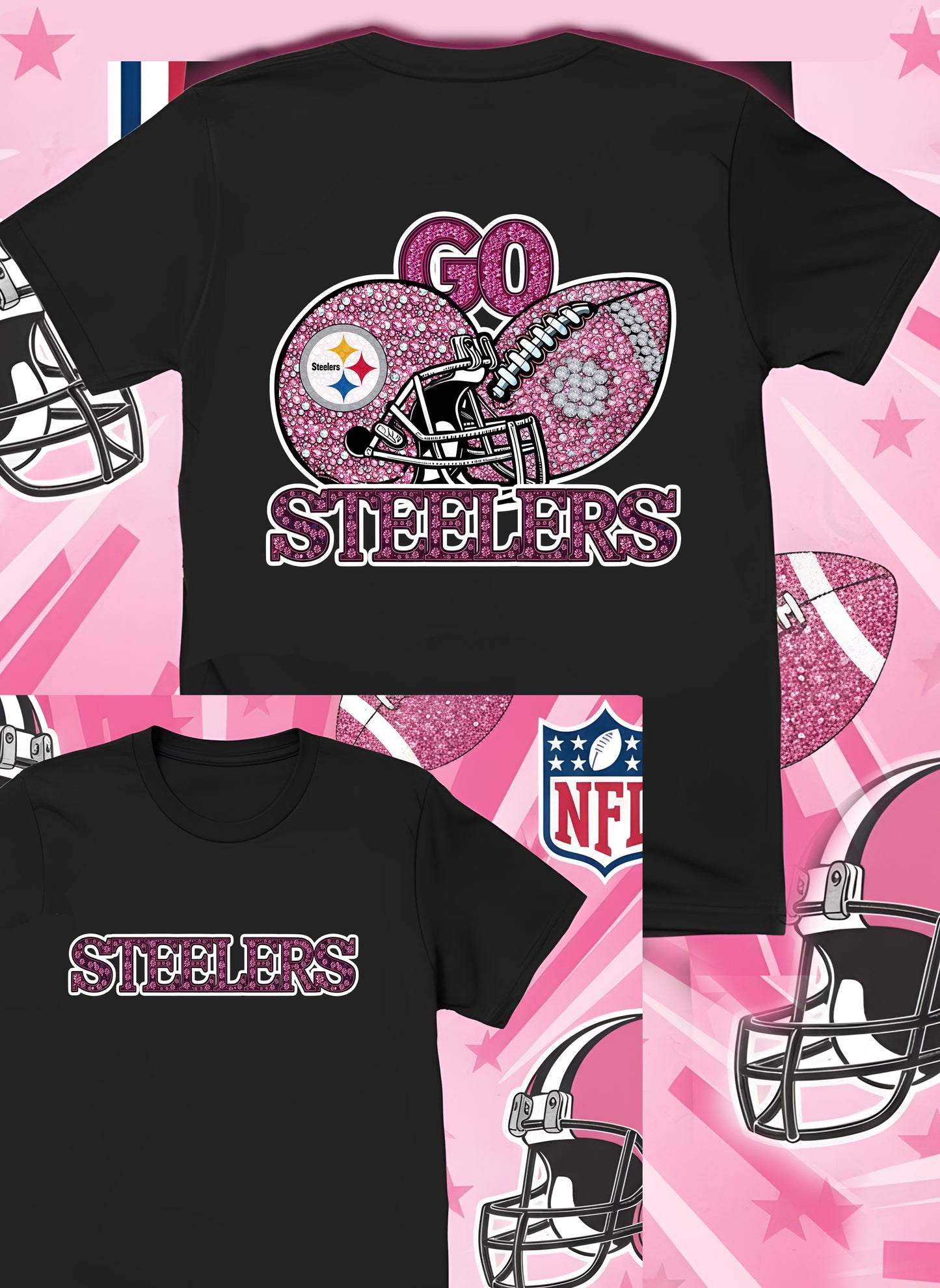 DTF Transfer • Pittsburgh Football • Pink Out Rhinestones (GO) + Helmet & Football