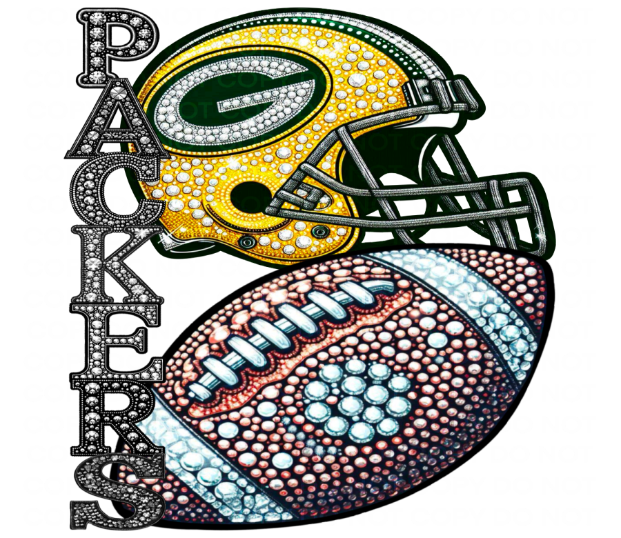 DTF Transfer • Green Bay Football • Rhinestone Letters (stacked) + Helmet & Football