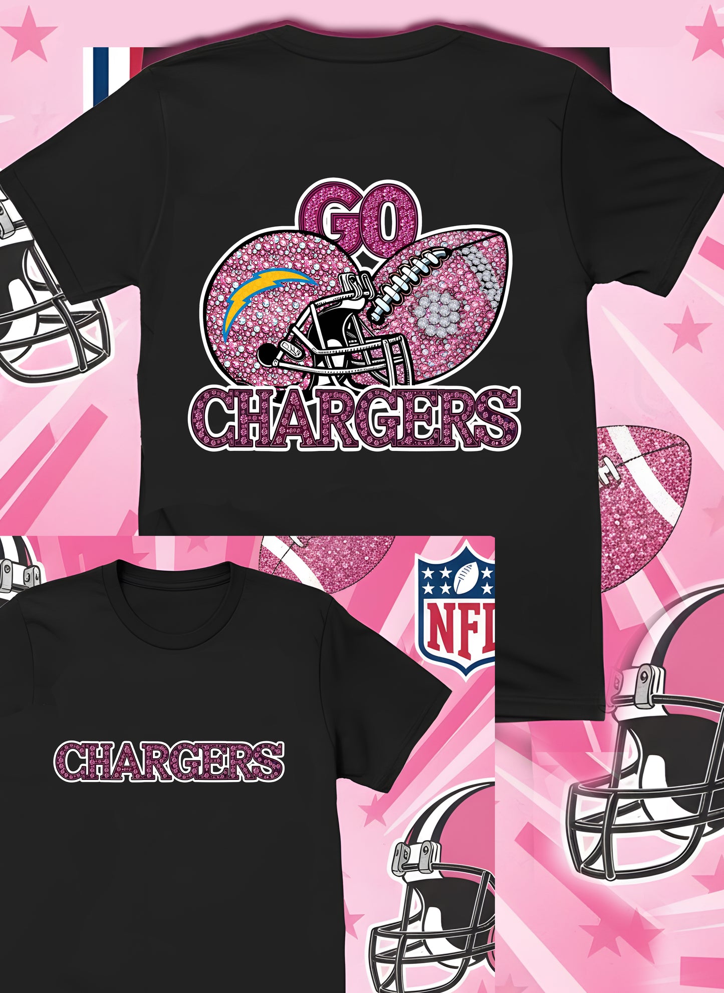 DTF Transfer • LA Chargers Football • Pink Out Rhinestones (GO) + Helmet & Football