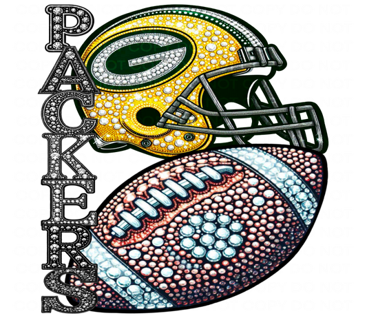 DTF Transfer • Green Bay Football • Rhinestone Letters (stacked) + Helmet & Football